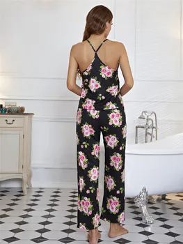 2 gabalas Pižama Komplektas Rožinė Rožė Spausdinti Sleepwear Mados 2021 Moterų Loungewear Vasaros / Rudens Apranga