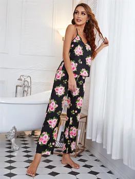 2 gabalas Pižama Komplektas Rožinė Rožė Spausdinti Sleepwear Mados 2021 Moterų Loungewear Vasaros / Rudens Apranga