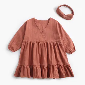 2019 m. Vasarą Sweet Baby Mergaičių Suknelė ilgomis Rankovėmis Pynimas Mergina Dress + Lankelis Medvilnės Atsitiktinis Gražių Suknelės LZ155