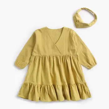 2019 m. Vasarą Sweet Baby Mergaičių Suknelė ilgomis Rankovėmis Pynimas Mergina Dress + Lankelis Medvilnės Atsitiktinis Gražių Suknelės LZ155