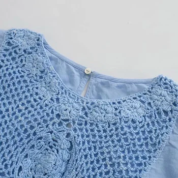 2020 Naujas Vasaros Moterų mėlyna kieti tuščiaviduriai iš siuvinėjimo pusė Rankovės O-Kaklo marškinėliai mados atsitiktinis moterų Topai