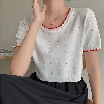 2021 Korėjos Stiliaus, Elegantiškos Elegantiškas Marškinėliai Moterims Trumpomis Rankovėmis Baltas Juodas Megztas Pasėlių Viršuje Tuščiaviduriai Iš Tee Marškinėliai Femme Apkarpytą