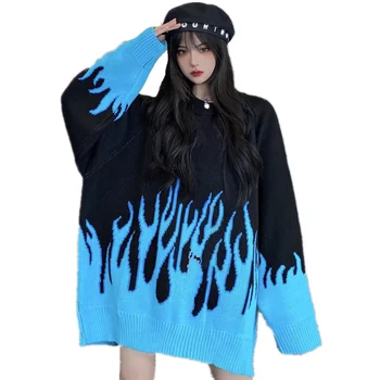 2021 M. Pavasario Ugnis Modelio Megztinis Harajuku Hip-Hop Mėlyna Liepsna Megztiniai Moterims, Komplektai, Negabaritinių Laisvas Megztinis Trikotažas