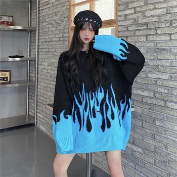 2021 M. Pavasario Ugnis Modelio Megztinis Harajuku Hip-Hop Mėlyna Liepsna Megztiniai Moterims, Komplektai, Negabaritinių Laisvas Megztinis Trikotažas