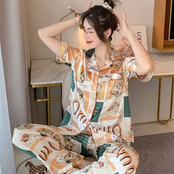 2021 M. Vasarą Moterys Šilko Pižama Rinkiniai Sleepwear Femme Satino Trumpas Rankovės Viršuje+Ilgas Kelnes Pijamas Namų Drabužių Pyjama Naktį Kostiumas