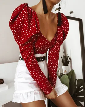 2021 Madinga Polka Dot Moterims Sluoksniuotos Ilgomis Rankovėmis Wrap Top Elegantiškas 2021 Nėrinių Raudona Pasėlių Viršuje Palaidinė Sexy Backless Prašmatnus Moterų Marškiniai