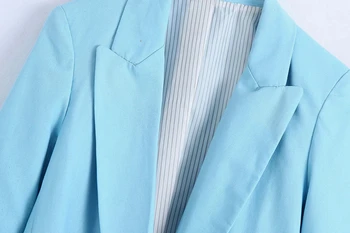 2021 moteris Mados lininis švarkas su spausdinta rankogaliai moterų atlapas apykakle ilgomis rankovėmis švarkas kailis šviesiai mėlynos atvartu kišenės prašmatnus viršūnės