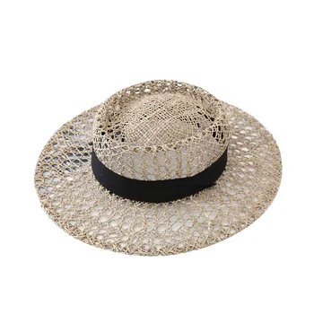 2021 Naujas Flat top Rafija Juostelės šiaudų skrybėlę Vasarą, moteriškos kepurės pearl beach sun skrybėlės vientisos spalvos Skaldyti krašto mados vientisos spalvos