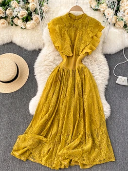 2021 Naujas Moterų Berankovis Vasaros Slim Ilga Suknelė Aukštos Kokybės Mados Plisuotos Šifono Ruffles Kratinys Elegantiškas Nėrinių Suknelė