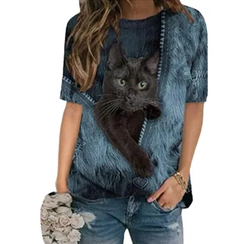 2021 Naujas Moterų Megztinis 3d Animaciją Kačių Print T Shirt O-Kaklo trumpomis Rankovėmis Prarasti T Shirts Pavasario Atsitiktinis Plius Dydis Viršūnės