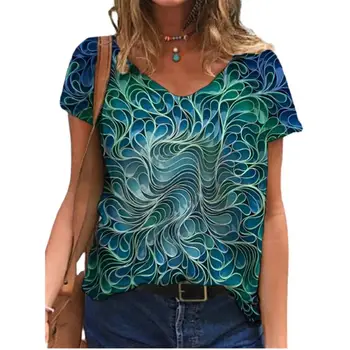 2021 Naujas Vasaros Moterų Plius Dydis Marškinėliai 3D Abstrakčios Tapybos Trumpas Tee Viršūnes Atsitiktinis V-Kaklo Gatvės Ponios Medvilnės T Marškinėliai Mados