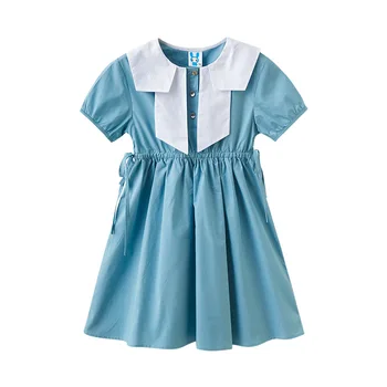 2021 Paauglių Mergaičių Vasaros Suknelė Vaikai Mados Atsitiktinis Blue Princess Suknelės, Vaikų trumpomis rankovėmis Mėlyna Kūdikių Drabužiai Su virvele