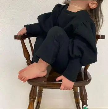 2021 Pietų korėjos mergina kojos rankovėmis T-shirt viršų ir ruožas užsiliepsnojo kelnės dviejų dalių komplektas vaikams drabužiai mergaitėms
