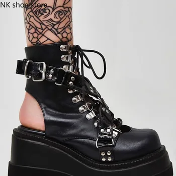 2021 Prekės Goth Punk Vasaros moterų Batai Platformos Nėrinių Sagtis Platformos Pleištai Sandalai Kietas Prabanga, Suapvalinti Tne Moterų Batai
