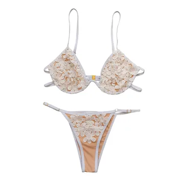 2021 Seksualus, Baltos Spalvos Tinkleliu Siuvinėta Gėlių Strappy Paplūdimio Biquini Micro Maudymosi Kostiumas Swimsuit Thong Maudymosi Kostiumėliai Moterims Bikini Braziliška