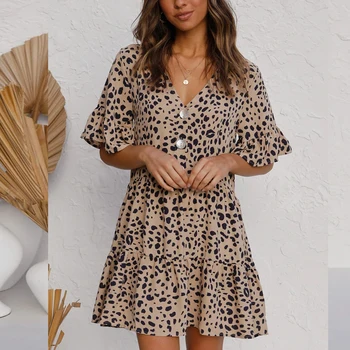 2021 Vasaros Stiliaus Moteris Mini Leopardas Suknelė Plius Dydis Spausdinti Raukiniai Trumpomis Rankovėmis V-Kaklo, Šalies Saldus Paplūdimio Ponios Vestidos