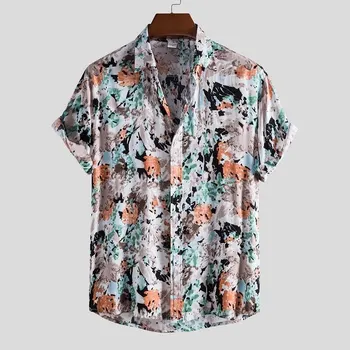 2021 Vyrai, Lino Medvilnės trumpomis Rankovėmis Marškiniai Vasaros Gėlių Prarasti Baggy Atsitiktinis Marškinėliai Topai Holiday Beach Vyrų Havajų Marškinėliai