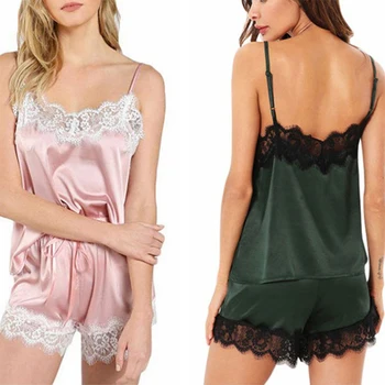 2VNT Moterų Sexy Šilko Pižama Nustatyti Nėrinių Kelnės + V Kaklo Dirželis Viršuje Nustatyti Sleepwear