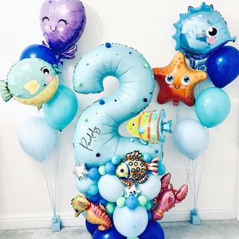 43pcs Mėlyna skaičius balionas Pagal Jūros Gyvūnų Balionai syrenka Vandenyno Šalis, Vaikai laimingi Gimtadienio Apdailos Baby Shower