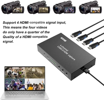 4x1 Quad Ekrano Multiviewer Sklandžiai Pereiti PIP & USB 3.0 4 Kanalų HDMI Audio Video Capture Card Game Įrašyti Live Transliacijos Langelyje
