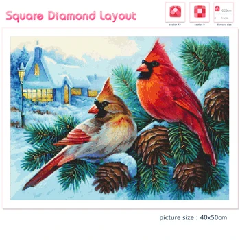 5D Diamond Tapybos Animacinių filmų Gyvūnų Kardinolas Paukščių Žiemos Freskos Mozaikos Meno Aikštėje Turas Nuotrauką Siuvinėjimo 