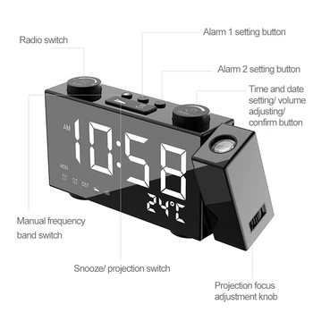 6 Colių Skaitmeninis FM Projekcija, Radijo Žadintuvas 4 Šviesumo Reguliavimas USB Įgaliojimus Supplys LED Termometras Laikrodis