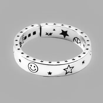 925 Sterlingas Sidabro Moterų Moon Star Atidaryti Žiedas Besišypsantį Veidą Pirštų Žiedai Lady Derliaus Bauda, Šaliai, Papuošalai, Dovana/jkjdkfja