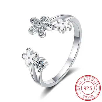 925 Sterlingas Sidabro Naujų Moteris Fine Jewelry Aukštos Kokybės Paprasta Kristalų Cirkonis Gėlių Atidaryti Žiedas Reguliuojamo Dydžio Žiedas