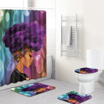 Afrikos moterys, skaitmeninė spauda, kūrybos vonios užuolaidų kilimėlis kilimėlis kilimėlis vonios kilimėlio tualeto grindų kilimėlis, tualeto dangtis, keturių dalių komplektas,