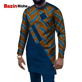 Afrikos Vyrų Kostiumai Dashiki Drabužių Spausdinti Marškinėliai Topai+Ilgas Kelnes su Kišenėmis 2 dalių Komplektas Ankara Apranga Palaidinė WYN1004