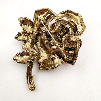 Antikvariniai Negabaritinių Visą Nutiesti Crystal Rose Gėlių Segė Aukso Tonas Trumpas Stiebas Žalias Lapas Žiedų, Rožių Smeigtukai Dovana Jubiliejaus Papuošalai