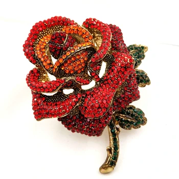 Antikvariniai Negabaritinių Visą Nutiesti Crystal Rose Gėlių Segė Aukso Tonas Trumpas Stiebas Žalias Lapas Žiedų, Rožių Smeigtukai Dovana Jubiliejaus Papuošalai