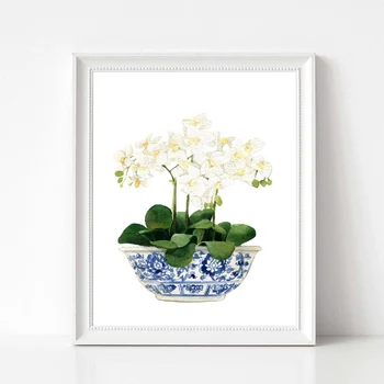 Balta Orchidėja & Magnolija Akvarelė Chinoiserie Dekoras Drobė Spausdinimo Rytų Vaza Sidabrinė Baltojo Gluosnio Stiliaus Porceliano Gėlių Jar