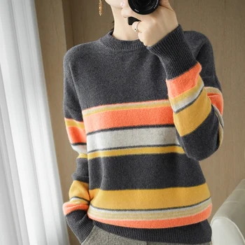 BARESKIY Apvalios kaklo džemperis moterims 2020 m. rudens ir žiemos naujas dryžuotas megztinis prarasti vilnos megztinis bazės visas rungtynes megztinis