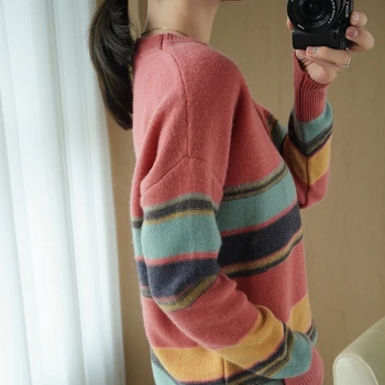 BARESKIY Apvalios kaklo džemperis moterims 2020 m. rudens ir žiemos naujas dryžuotas megztinis prarasti vilnos megztinis bazės visas rungtynes megztinis