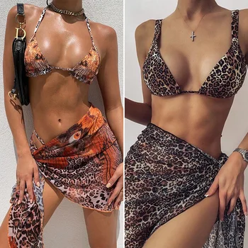 Bikini Komplektas Seksuali Moteris Leopard maudymosi kostiumėlį Akių Aukštos Iškirpti Micro Thong Bikini Paplūdimio 2021 Cover-up Maudymosi Kostiumą, 3 Gabalas maudymosi Kostiumėliai