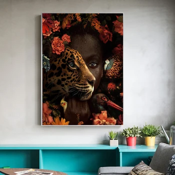 Black Women Animals Flower Poster and Prints Wall Art Canvas Painting Leopard and Black Women Picture for Living Room Home Decor