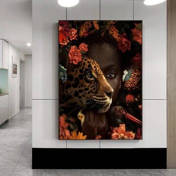 Black Women Animals Flower Poster and Prints Wall Art Canvas Painting Leopard and Black Women Picture for Living Room Home Decor