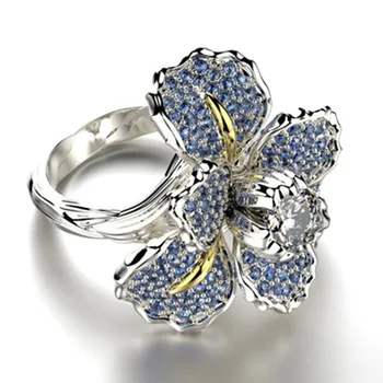 Bohemija Big Blue Flower Visą Cirkonis Derliaus Vestuvinis Žiedas Crystal Nuotaka Žada Vestuvių Žiedai Moterims Boho Papuošalai