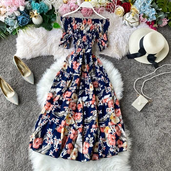 Boho derliaus 2021 gėlių spausdinti Seksualus Off Peties suknelė Vasaros midi ilgio Suknelė Šalies Moterų elegantiškas paplūdimys atostogų tunika suknelė