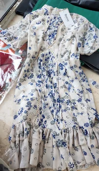 Boho Suknelės Moterims, Vasaros Gėlių Spausdinti Nėriniai-up Suknelė 2021 Moterų Vintag Trumpas Rankovės Raukiniai Šifono Suknelė