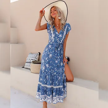 BOHO ĮKVĖPĖ Mėlynas Gėlių vasaros suknelė trumpomis rankovėmis V-kaklo mygtukus boho suknelė naują susiėmę suknelė moterims atostogų maxi suknelė