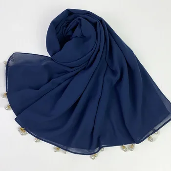 Burbulas Šifono Su Pearl Ilgai Paprasto Hijab Wrap Musulmonų Hijabs Šalikas Turbanet Skarelė Kabo Perlų, Kristalų