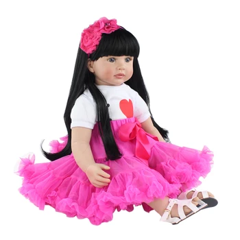 BZDOLL 60cm Minkšto Silikono Atgimsta Vaikiška Lėlė Žaislas Mergina 24 Colių Juodi Ilgi Plaukai Princesė Bamblys Kūdikių Puikus Gimtadienio Dovana