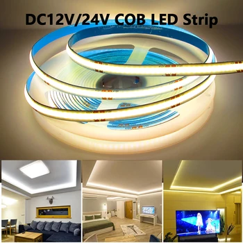 COB LED Šviesos Juostelės 12V 24V 320Led/M 5M/daug Šilta Balta 12V 24V COB TV LED Juostelės, Juostos dega Miegamasis Kambarys Namų Puošybai