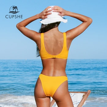 CUPSHE Briaunoti Rišti Augalus Bakas Bikini Rinkiniai maudymosi kostiumėlis Moterims Seksualus Geltonos spalvos Dviejų dalių maudymosi Kostiumėliai, 2021 M. Vasaros Paplūdimio Maudymosi Kostiumai