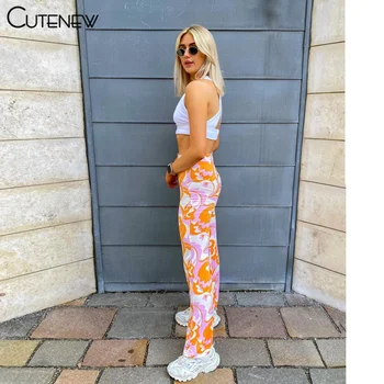 Cutenew 2021 Prašmatnus Spausdinimo Pločio Kojų Kelnės Moterų Elegancija Orange Aukšto Juosmens Streetwear Vasaros Atsitiktinis Slim Tampri Lady Kelnės