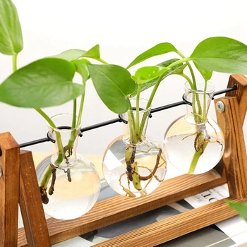 Darbalaukio Stiklo Sodinamoji Lemputė Vaza Oro Augalų Terariumai su Mediniais Stovėti Hydroponics Augalų Auginiai Biuro Apdailos