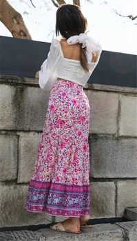 Derliaus prašmatnus Hipių moterys, pink gėlių spausdinti Aukštos Elastinga Juosmens paplūdimio Bohemijos sijonas ponios Maxi-Line Boho sijonas