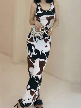 Di Si Ling originalaus dizaino imitacija karvė ilgas berankovis suknelė susiuvimo spalva 2021 m. pavasarį naujas